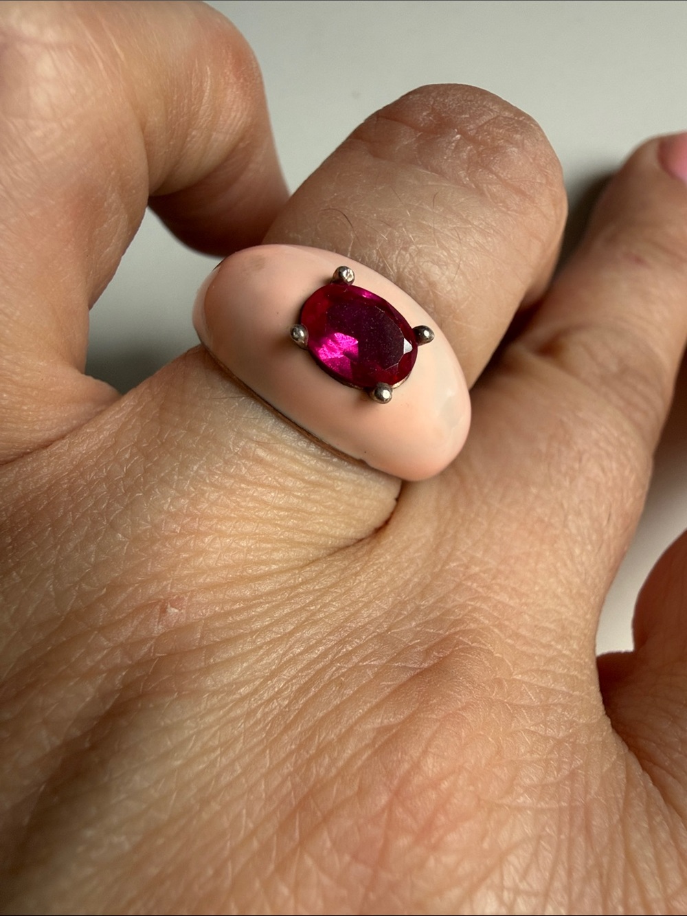 Pink enamel  Ring with lab ruby  Stone - Women Jewelry